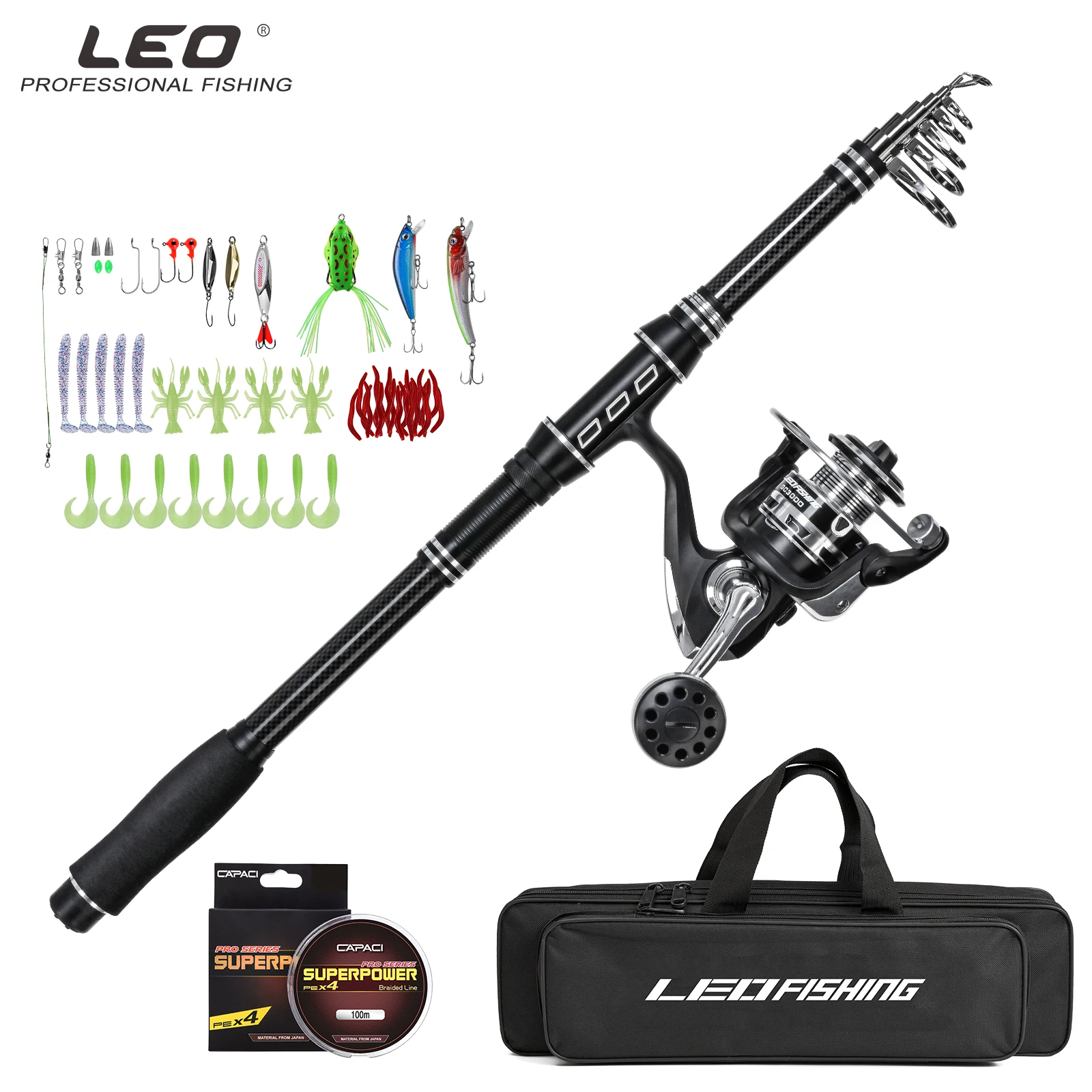Telescopic Fishing Rod and Reel Combos Set Carbon Fiber Tackle Kit and Carrier Bag for Travel Sea Saltwater Freshwater