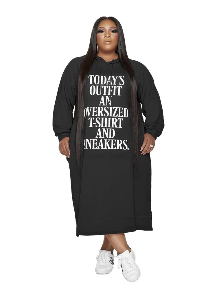 Plus Size Dress Women Loose Letter Print Hoodies Casual Dress Pockets Maxi Dresses Wholesale Drop 3xl 4xl 5xl 6xl
