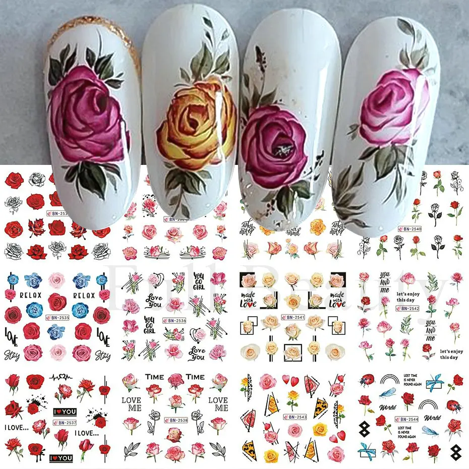 Flower Nail Stickers Rose Geometric Lines Nail Decor Water Transfer Decals Slider DIY Wedding Designs Manicure LABN2533-2544