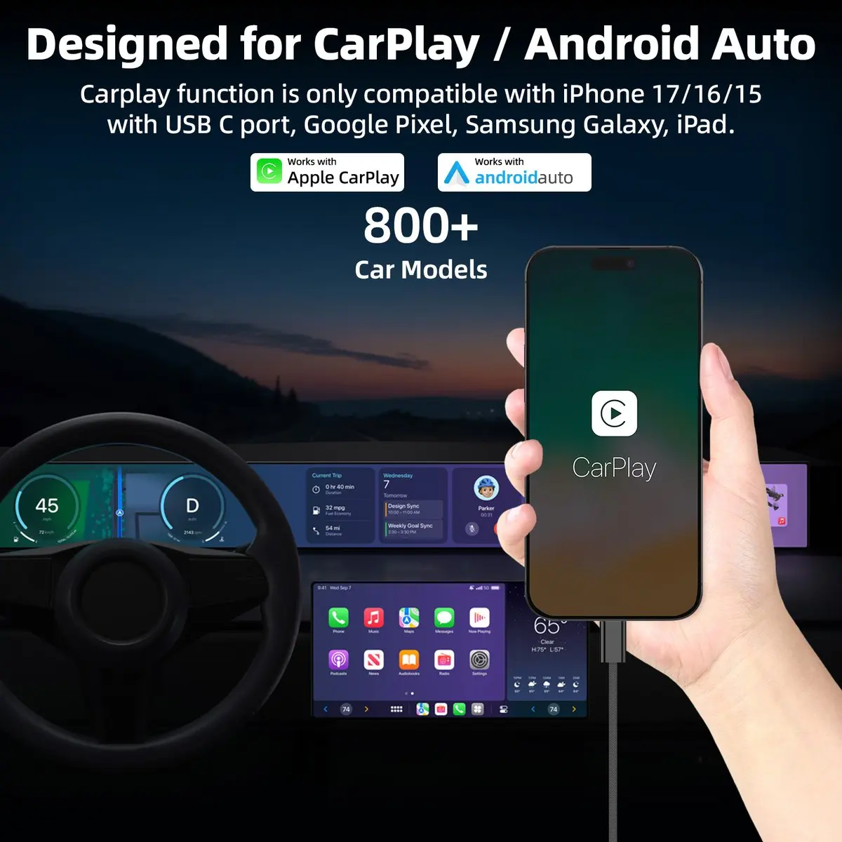 Фото Автомобильный кабель USB Type C Carplay для iPhone серии 17/16/15, плетеный шнур Android Auto, кабель для передачи данных, зарядный кабель для Samsung/Google №2