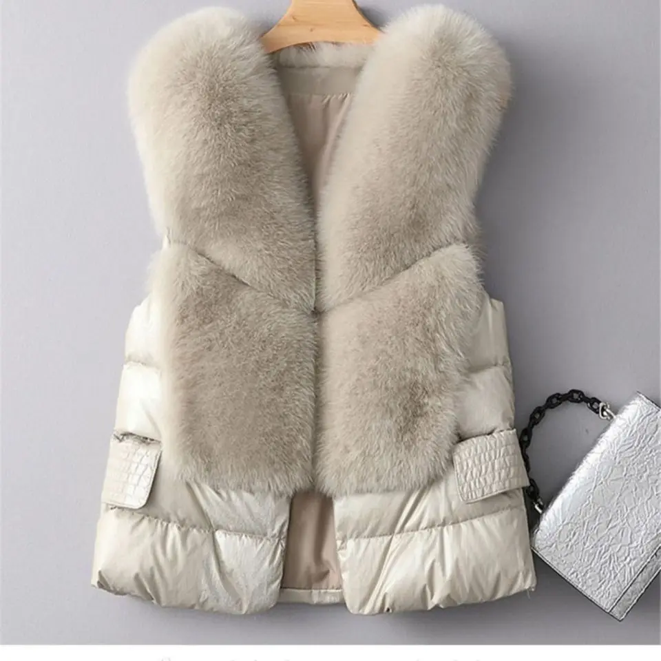 

2023 Autumn Winter Down Vest Short Jacket Women Faux Fox Fur Waistcoat White Duck Down Coat Thicken Warm Female Outerwear V175
