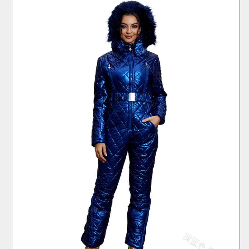 Women Onesie Skiing Jackets Parka One Piece Ski Suit Winter Outerwear Fur Collar Trim Hooded Snowsuit Long Sleeve Ski Jumpsuit