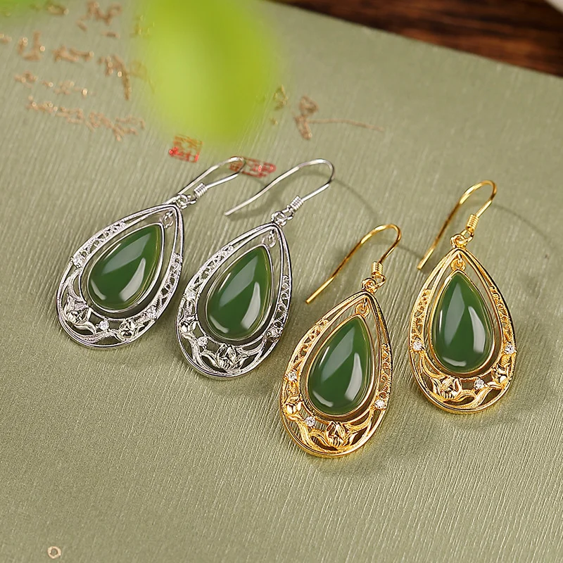 

Yilu Silver S925 Sterling Gold Plated Hotan Jade Jasper Lotus Droplet Earrings Fashion OL Style Small crowd Delicate