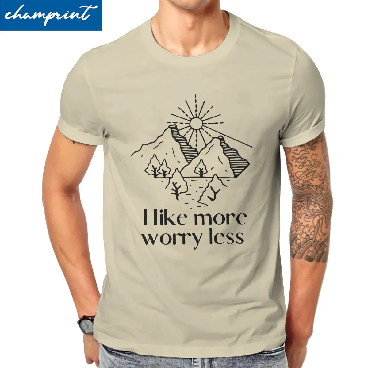 

Hike More Worry Less T Shirts Men Pure Cotton Humorous T-Shirts Round Neck Adventure Nature Tee Shirt Short Sleeve Tops Printed