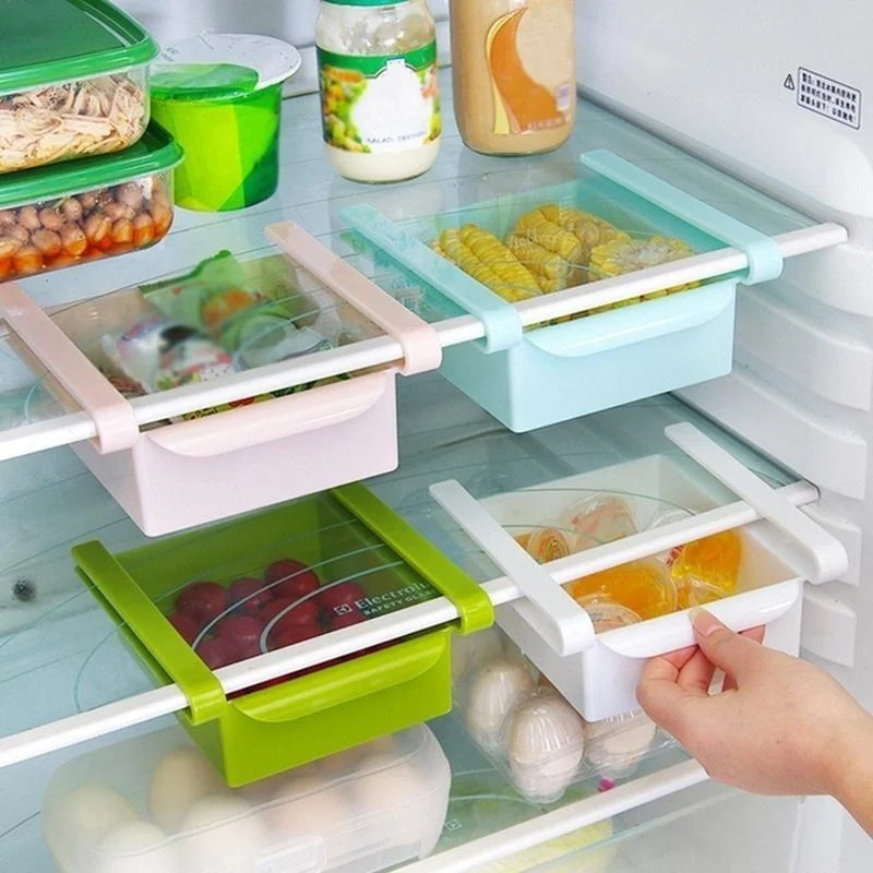 

Slide Kitchen Fridge Freezer Space Saver Organizer Storage Rack Shelf Holder Kitchen Refrigerator Storage Box Food Container