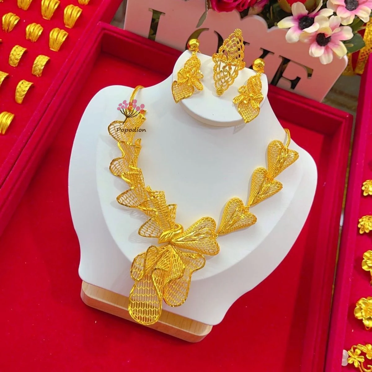 Дубай 24K позолоченные ювелирные изделия свадебное ожерелье кольцо женские