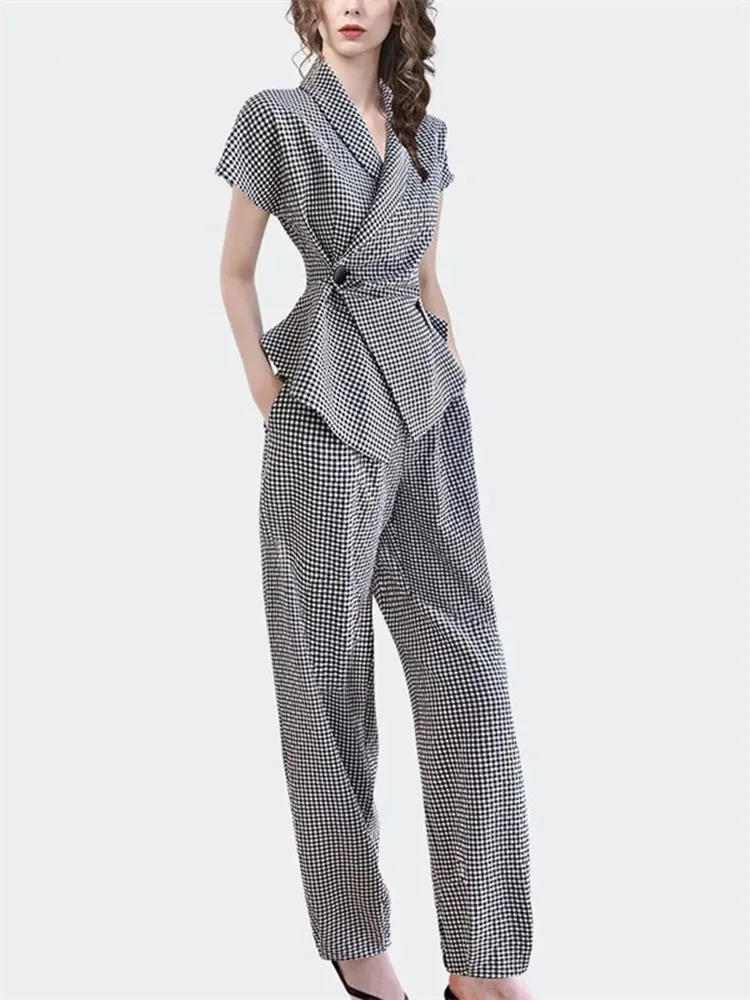 Checkered Panel Side Button Short Sleeved Jacket Blazer Casual Wide Leg Pants Two-piece Elegant Women's Pants Set Summer Office
