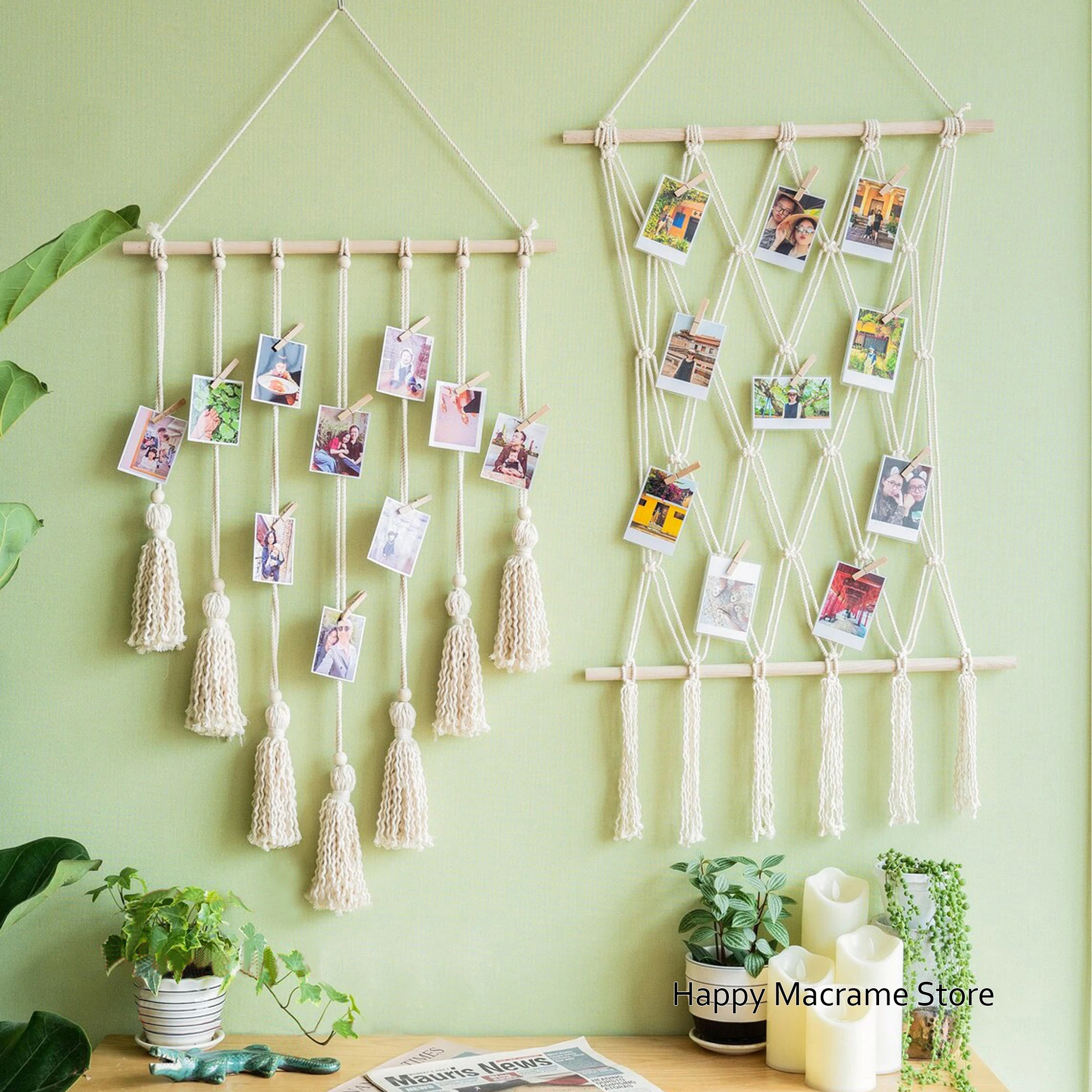 

Macrame Photo Hanger, Boho Twine Photo Display, Collage Dorm Wall Decor, Instax Photo Display, Included 10pcs Wooden Clips