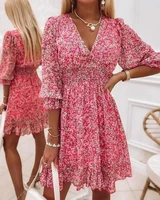 2022 new style womens dress bubble sleeve ruffle hem parallel crepe seam floral print dress