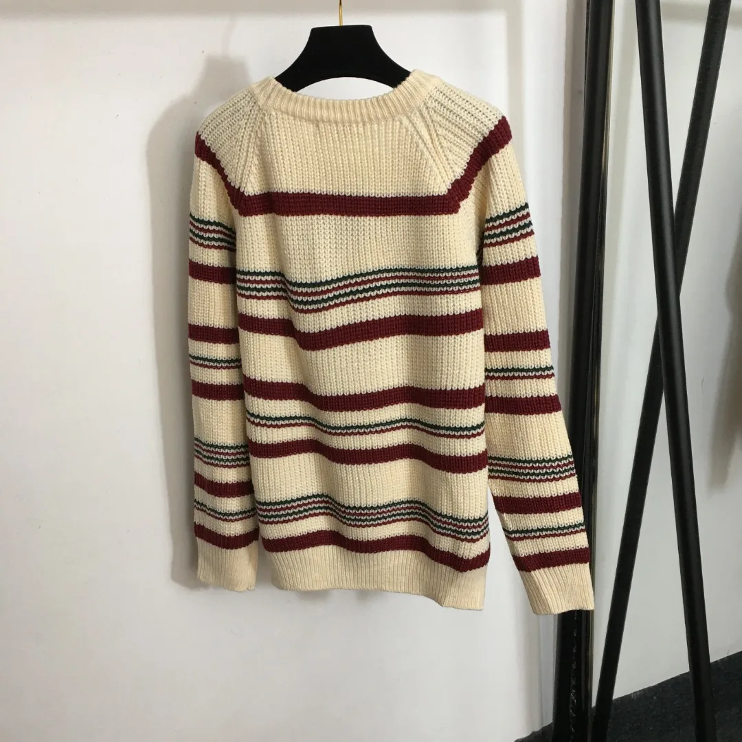

Round Neck Pullover, Contrast Stripe, Long Sleeve Sweater, Off White, New, 2023