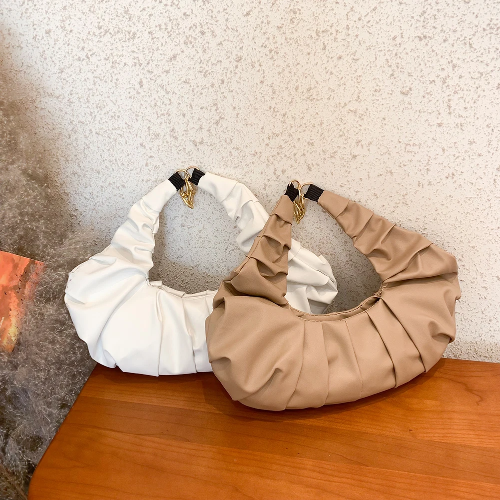 

Women PU Leather Pleated Crescent Top-handle Bag Casual Zipper Solid Color Dumpling Bag Small Designer Clutch Bag