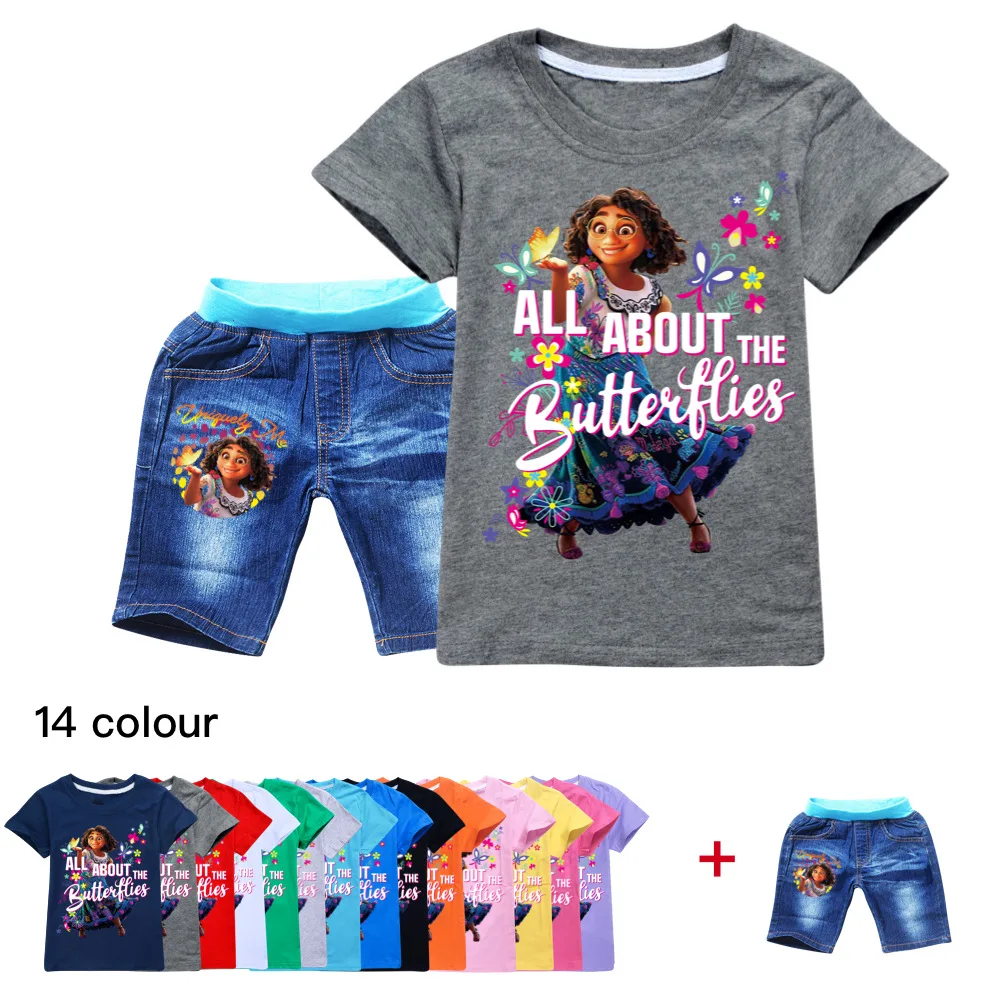 

2022 Summer Encanto New Cartoon Print Men's and Women's Tops 100% Cotton Children's Clothing T+Washed Denim Shorts Suit 2-16Y