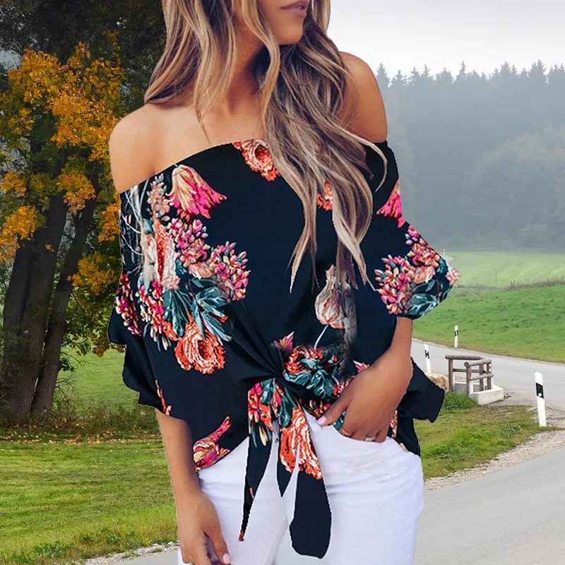 

Summer Sexy Blouse Women Floral Printing Off Shoulder Shirt Sleeveless Loose Casual Blouse Ladies Large Size Tops