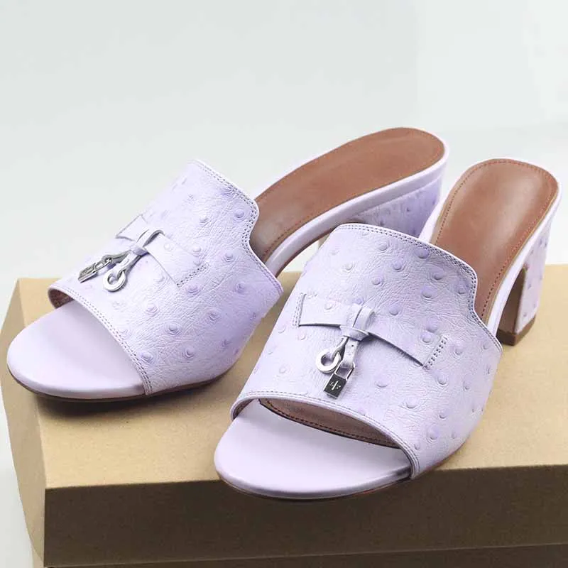 

Summer Classic Top Quality Ostrich Pattern Leather Comfortable Mid Heel Beach Resort LP Women's Slippers