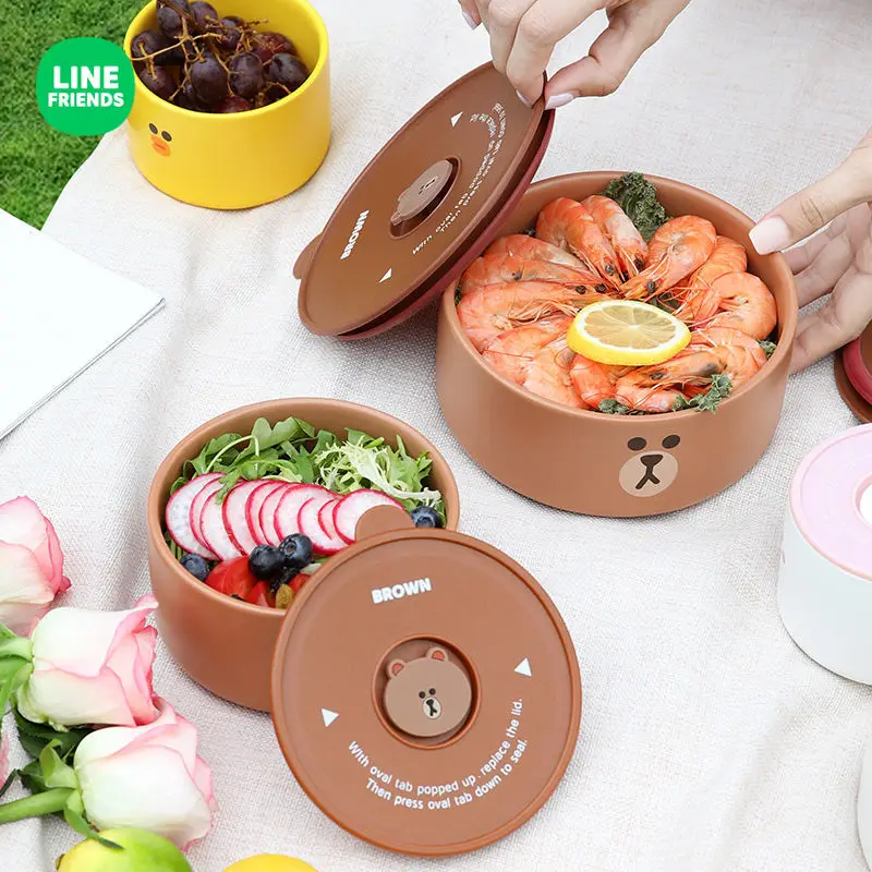 

LINE Brown Cartoon Keep Fresh Bowl Three-Piece Office Worker Lunch Box Kawaii with Cover Seal Picnic Ceramic Bowl Microwaveable