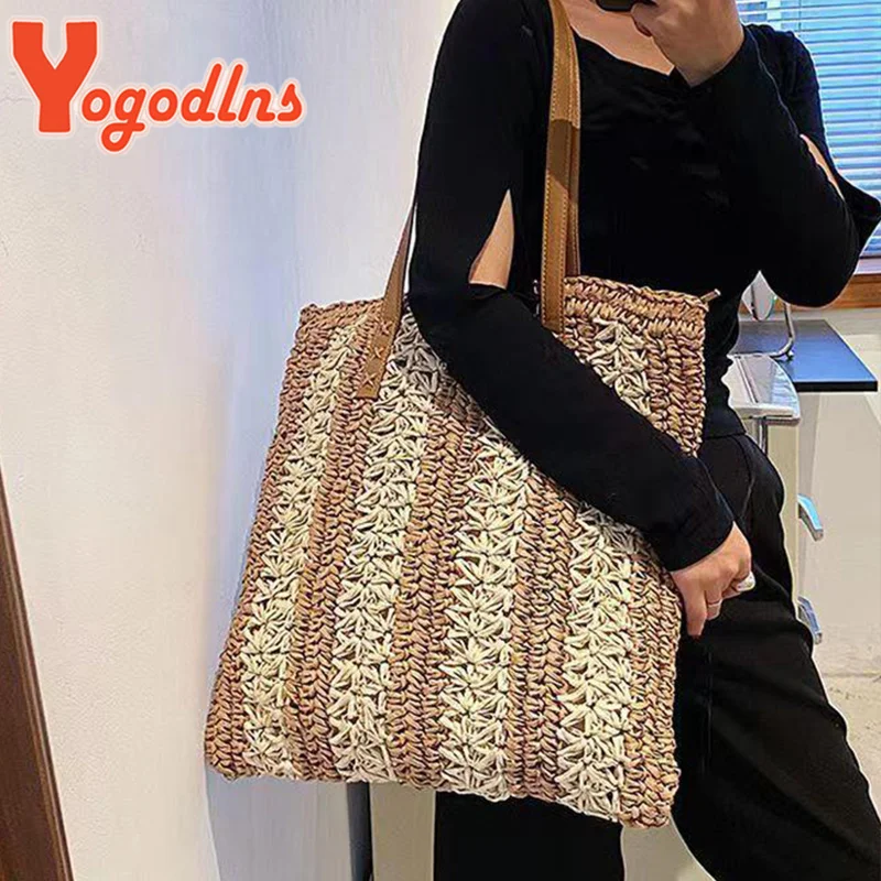 

Summer Braided Straw Bag Women Handmade Stripes Totes Bag Bohemia Style Beach Bag Vacation Shoulder Bags Shopping Bolsa