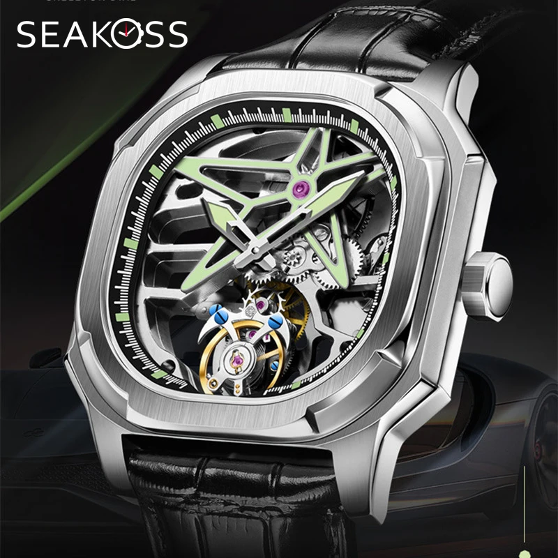 

Механические часы SEAKOSS Sapphire 1963, часы-скелетоны в стиле супер-панк с турбийоном, квадратные наручные часы с ручным заводом