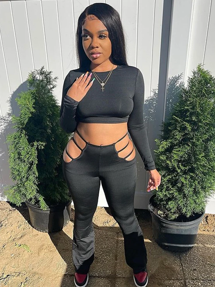 

Женские спортивные костюмы в стиле панк, Клубные костюмы из 2 предметов, черные бандажные укороченные топы с длинным рукавом и расклешенные ...