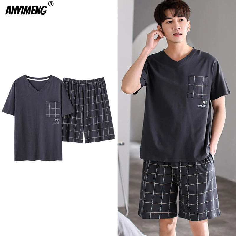 

Dropshipping Pajama Set for Mens Cotten Pajamas Sleep Wear Big Size 3xl 4xl Pijamas Para Hombre Summer Cotton Shorts Sleepwear