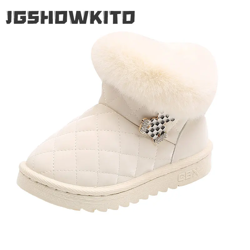 

Plush Child Snow Boots for Girls 2022 Winter Korean Style Round Head Flat Bottomed Rhombic Lattice Kids Princess Cotton Shoes PU