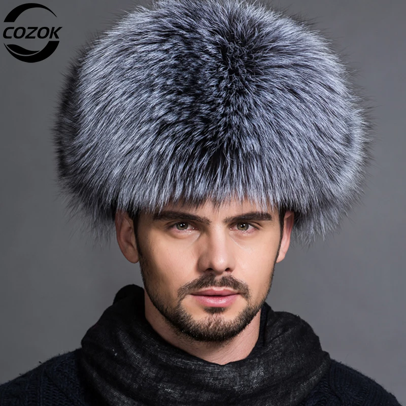 Шапка-бомбер мужская из натурального Меха чернобурки с отделкой меха енота