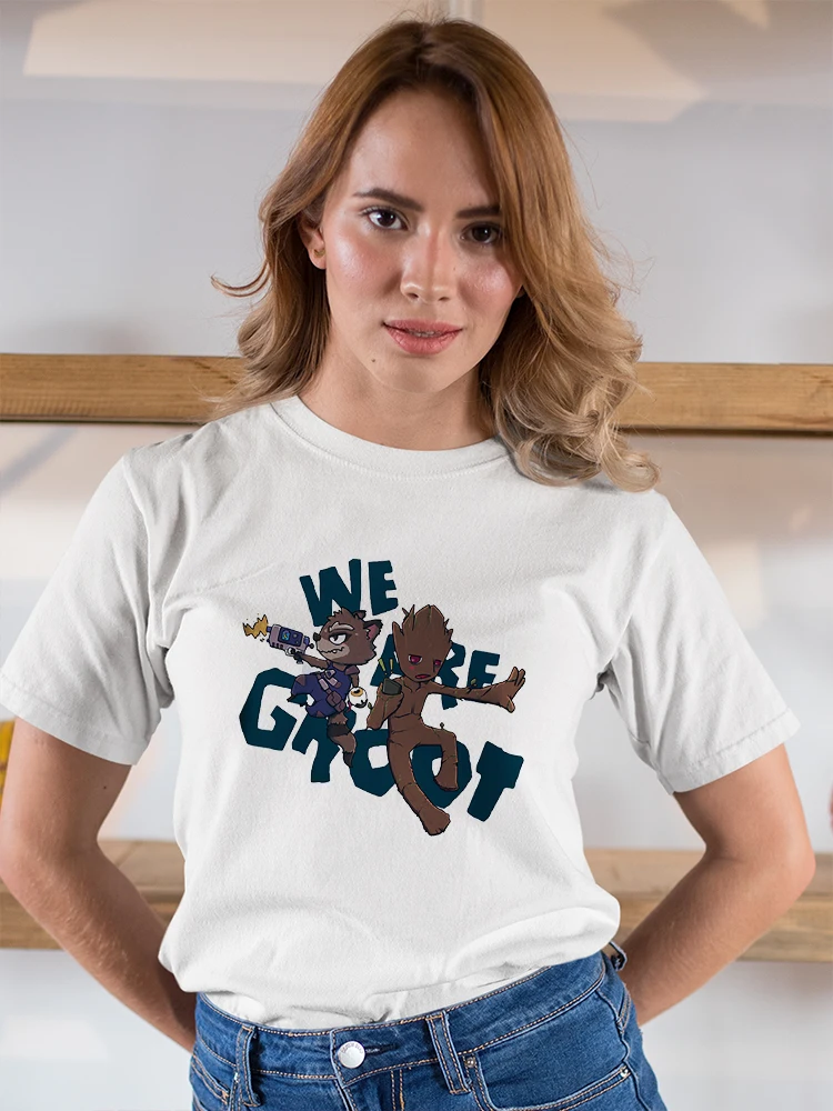 

We Are Groot Marvel T-shirt Woman Cute Design Harajuku Femme Vetement Short Sleeve O-neck White Tops Summer Loose Streetwear