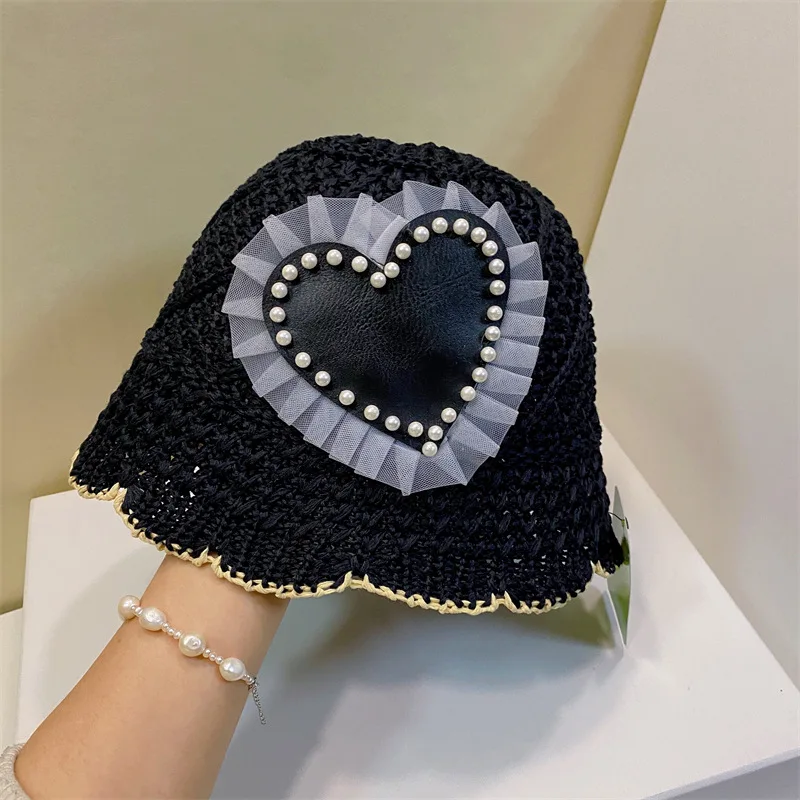 

Small Sweet Wind Pearl White Gauze Basin Hat Love Hand Woven Papyrus Breathable Bucket Hat Female Xia Lace Fisherman Caps Fashio