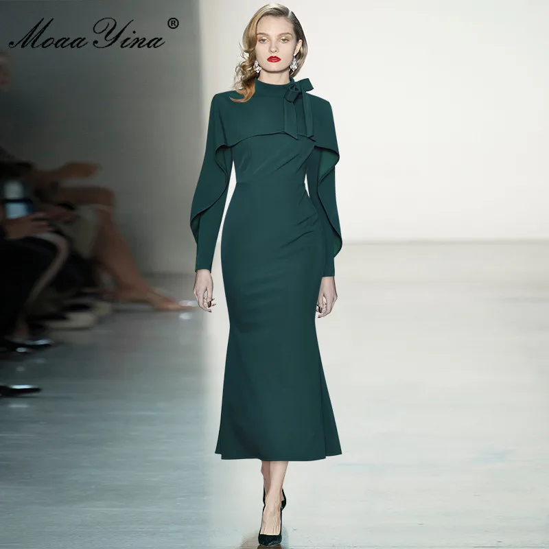 

Fashion Designer Spring Mermaid Dress Women Stand Collar Ruffle Long Sleeve Slim Long Black Solid Party Dresses