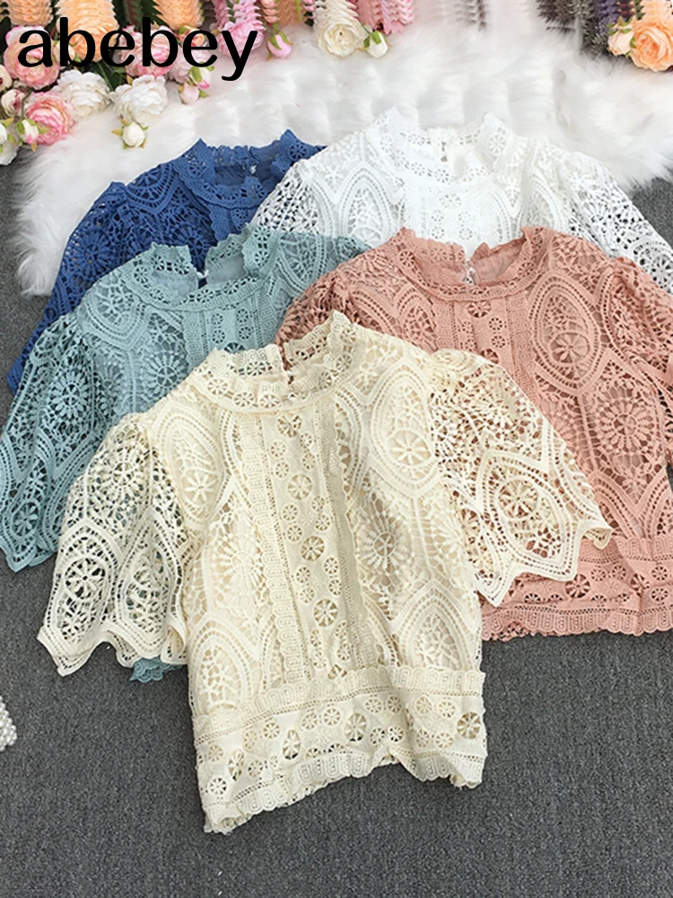 

2022 New Summer Temperament All-match stand collar flared sleeve Shirt hollow out Lace Waist slim short Shirt Top
