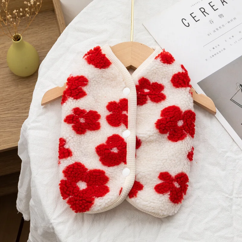 

Dog Clothes Red Morning Glory Pet Autumn and Winter Clothes Teddy Warm Jacket Plush Open Shirt Puppy Thickened Coat Dog Clothes