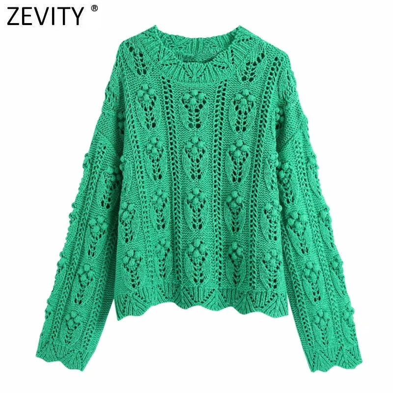 

Zevity New Women Vintage Crochet Ball Appliques Hollow Out Green Knitting Sweater Female Chic Long Sleeve Pullovers Tops SW881