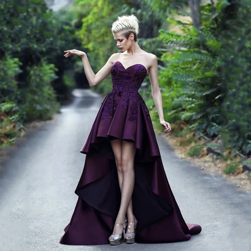 

Sexy Lace Applique Sweetheart Satin Prom Dresses Front Short Long Back Sleeveless Evening Dress Vestido Formatura