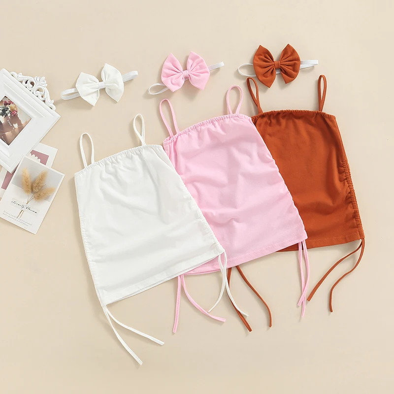 

Летнее модное платье для маленьких девочек, 3 цвета, 2 шт., однотонный прямой мини сарафан без рукавов на бретельках с Кулиской