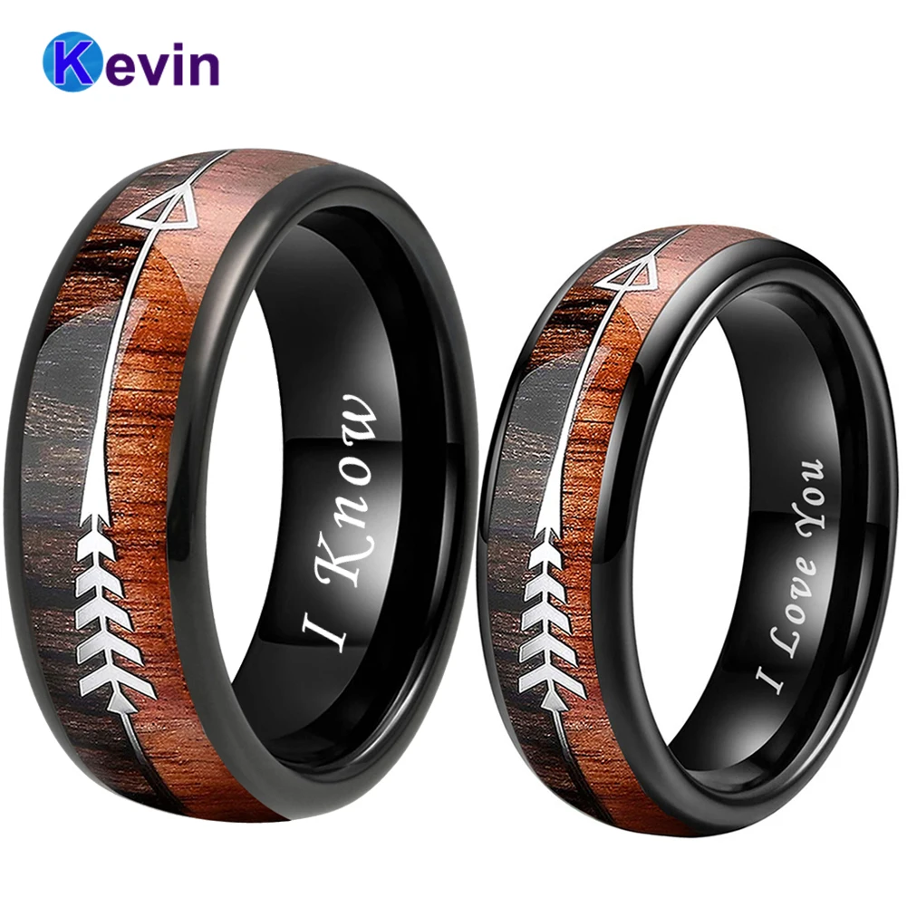 

6MM 8MM Black Arrow Ring Men Women Wedding Band Tungsten Jewelry With Different Wood Inlay I Love You I Know Stamp Comfort Fit