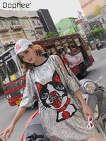 fashion brand summer cartoon sequined off shoulder loose tshirt women letter color matching round neck mid length t shirt dress