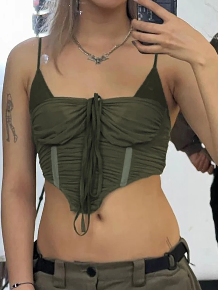 

2022 New Ruched Fairy Grunge Bandage Chic Camisoles Y2k Retro Gothic Mesh Patchwork Crop Tops Women Casual Irregular Streetwear