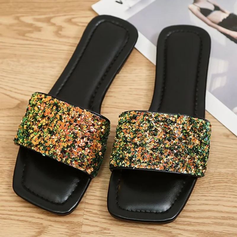 Women's Sequin Glamorous Single Band Sandals Rhinestone Decor Bling Flats Slides Outdoor Fashion Summer Sexy Beach Casual Shoes