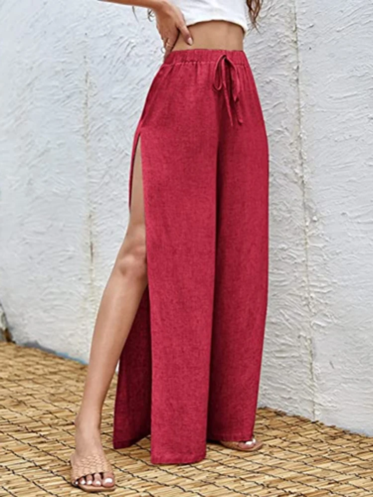 

Summer Casual Solid Lace-up Wide-leg Pant Ladies Sexy High Slit Seaside Beach Pants Fashion Loose Linen Women Straight Trousers