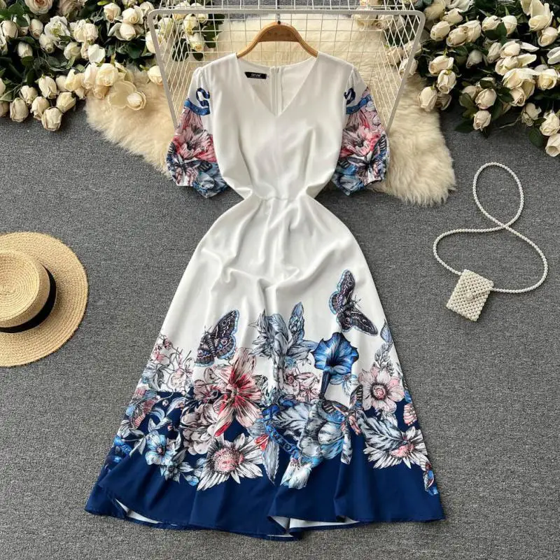 

WEIHAOBANG 2022 Summer Women's New Printed V-neck Short Sleeve High Waist Casual Dress Slim Fit Medium Length A-line Skirt