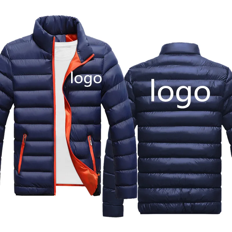 Custom Your Logo Men's Puffy Jacket Windproof Zipper Long Sleeve Coat Autumn Winter Outerwear Stand Collar