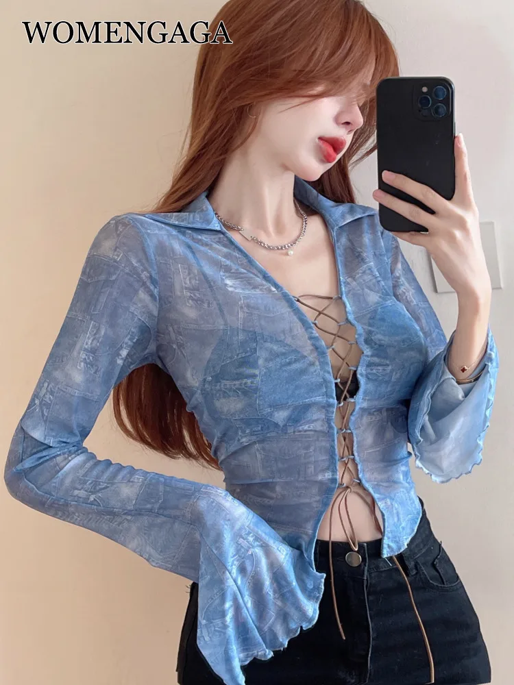 

Женская рубашка womпорайзер, американская короткая футболка с острым рисунком для девушек, сетчатая дизайнерская бандажная Сексуальная фут...