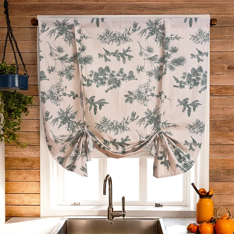 

Короткая штора из хлопка и льна с завязками, ботаническая