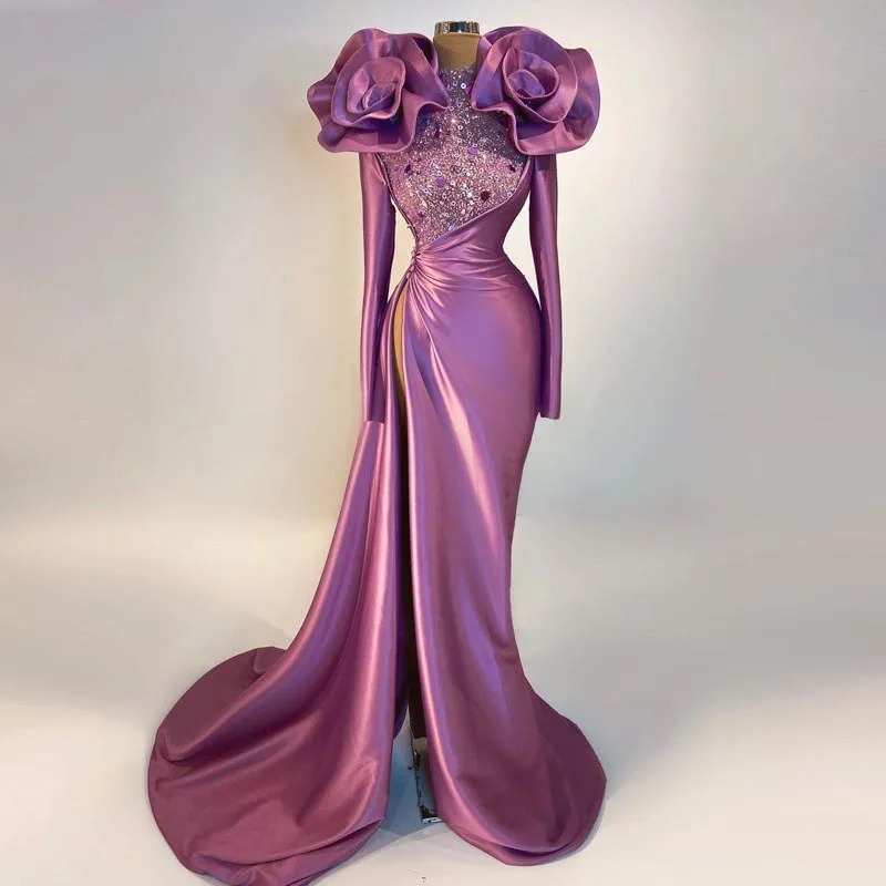 

Elegant Big Flower High Neck Long Sleeve Satin Evening Dress Mermaid Sequin Wedding Dress Sexy High Slit Prom Party Dress