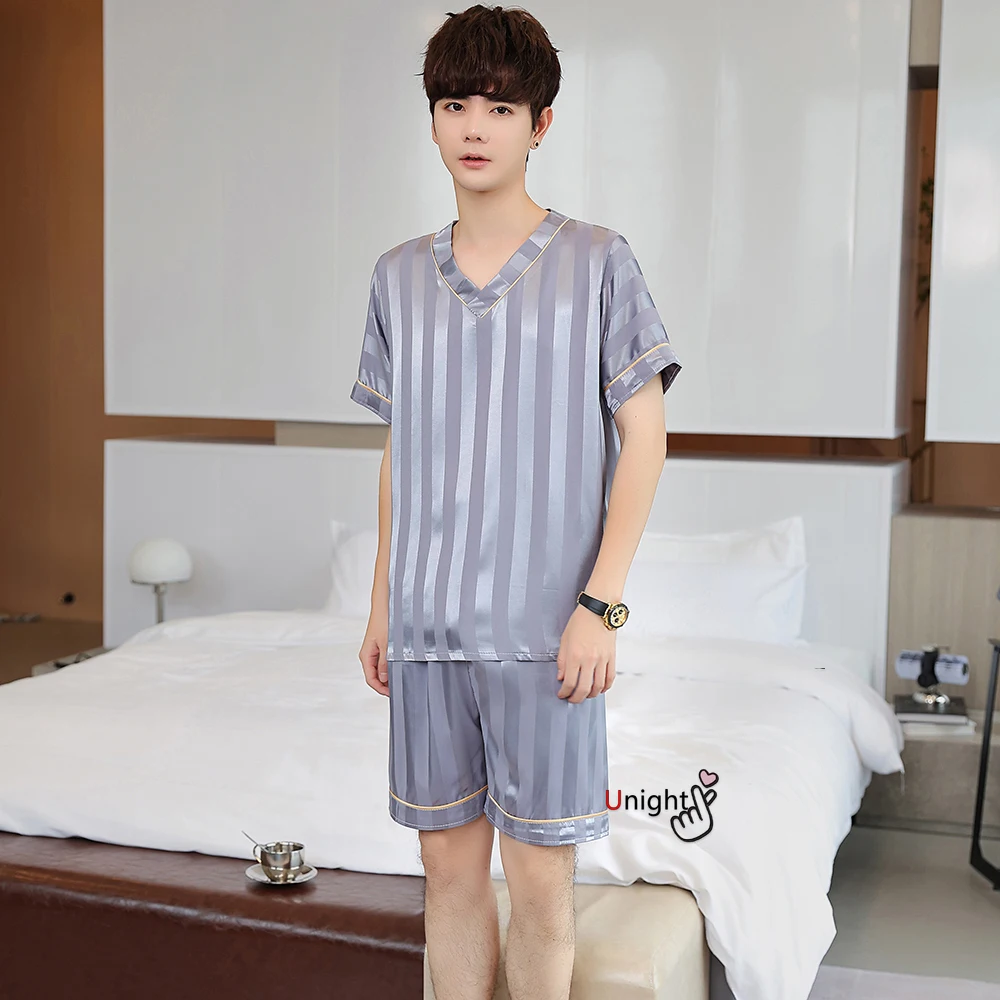 Летняя Пижама 3XL Мужской Шелковый атласный пуловер и шорты комплект из 2