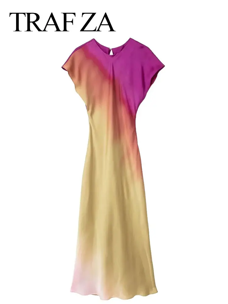 TRAFZA Women's Fashion Print Short Sleeve Dress Vintage Tie Dye O-Neck Midi Dresses Spring Female Casual Chic Satin Dress