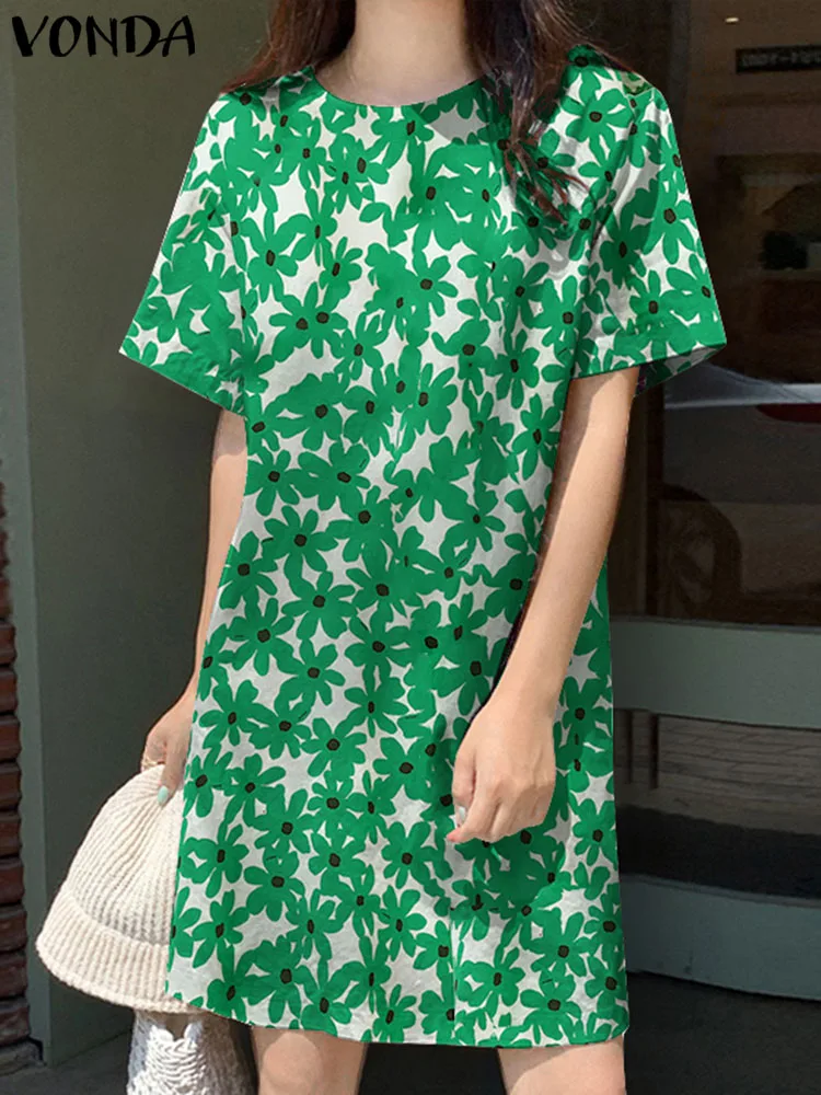 

2023 Bohemian Summer Mini Dress VONDA Women Fashion Sundress Short Sleeve Printed Party Casual Elegant Holiday Beach Vestidos