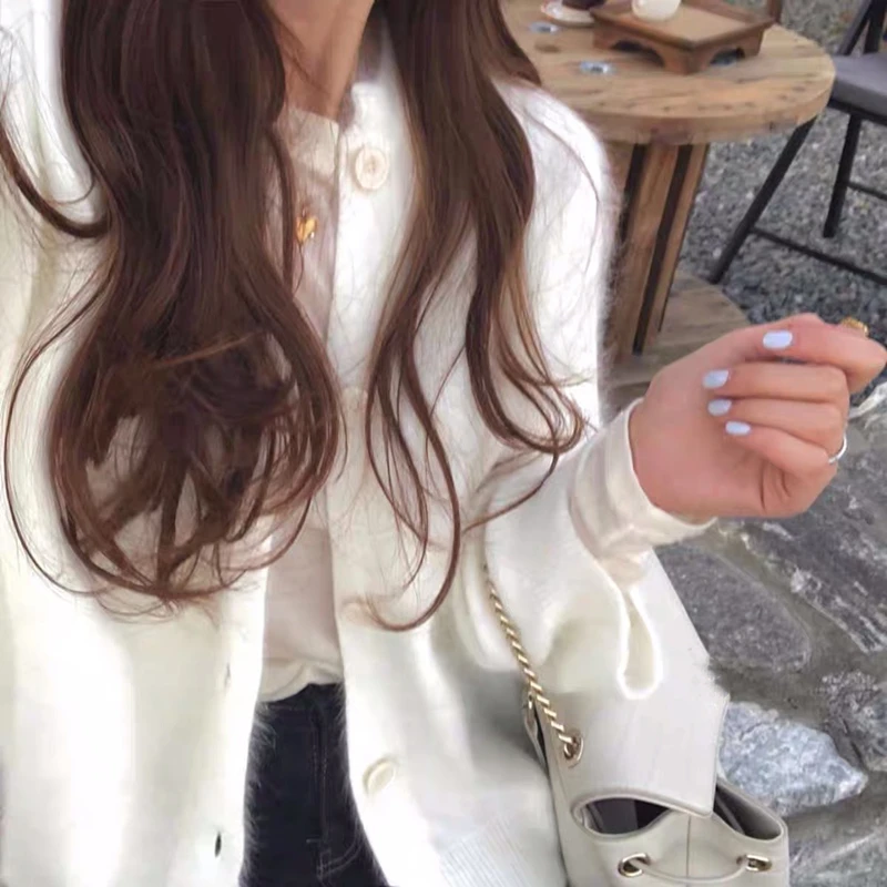 

Women's Sweaters Knitted New 2021 Autumn Winter Buttons Cardigans Loose Oversize Korean Elegant Mohair Tops Pink White Ladies