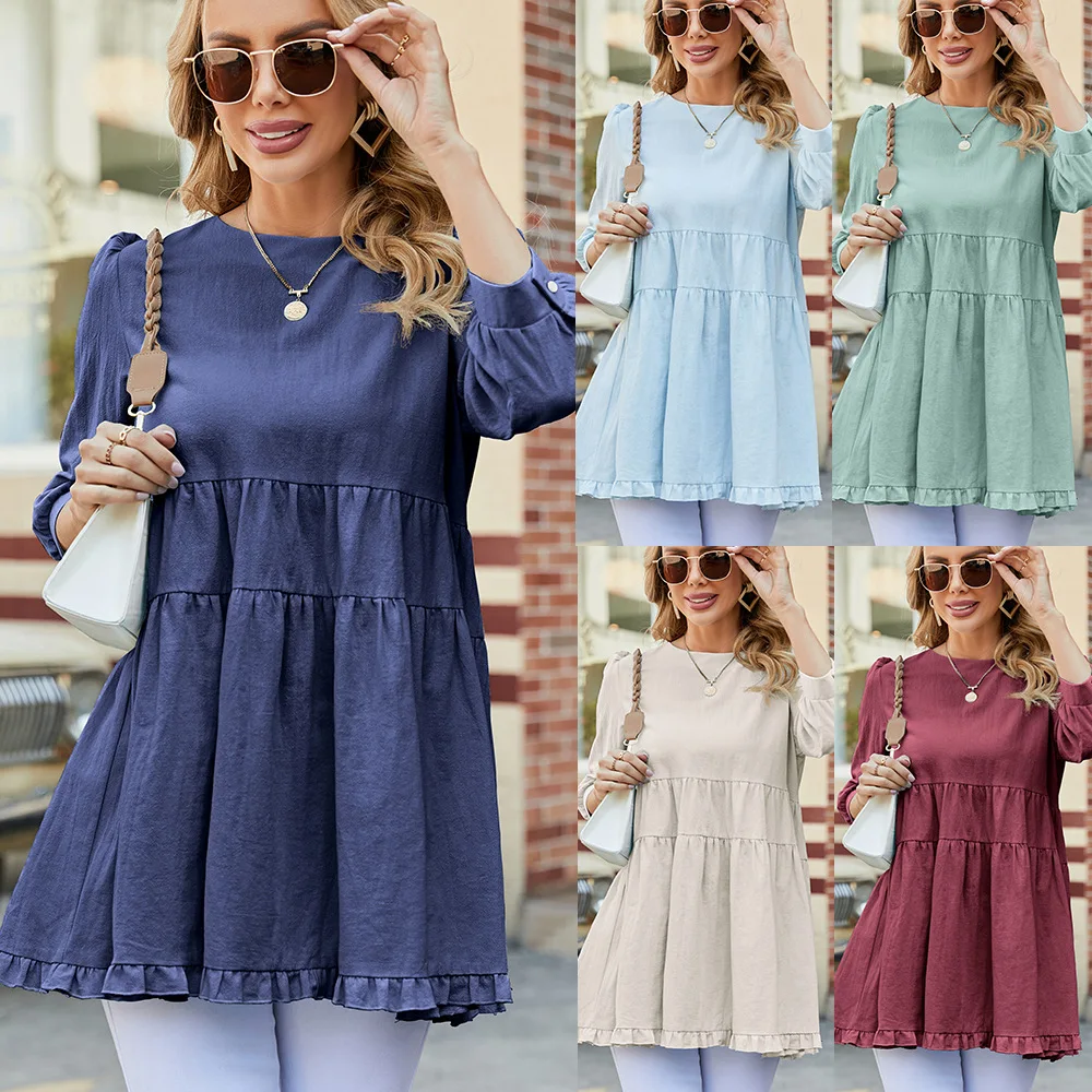 Women Vintage Casual Chemise  Solid Color Cotton Blouses Half Sleeve O-Neck Spliced Shirt Hollow Out Tops