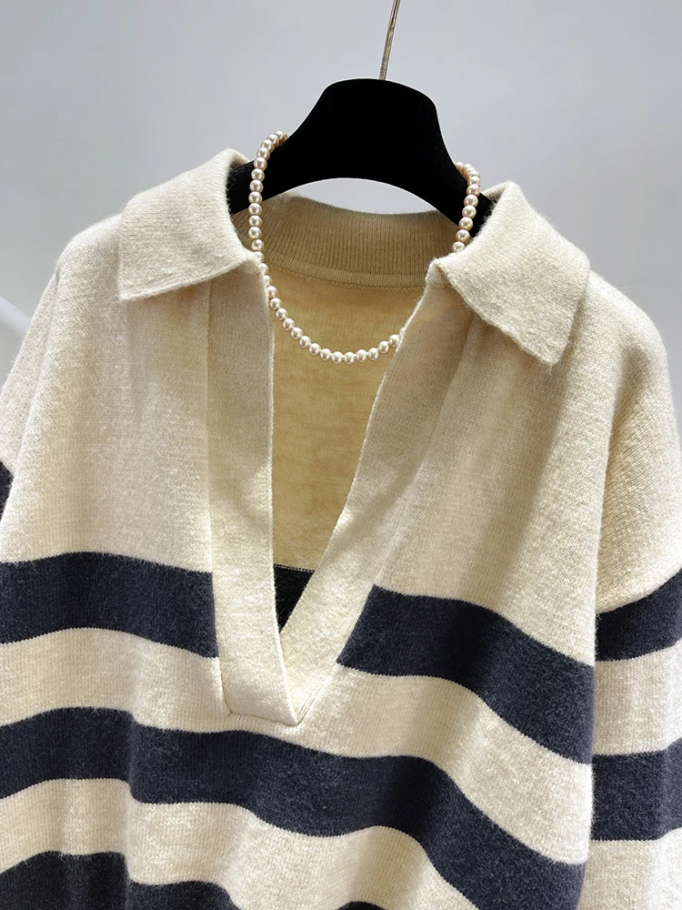 Пуловер свитер женский свободный осенне-зимний рукав короткая поло с длинными