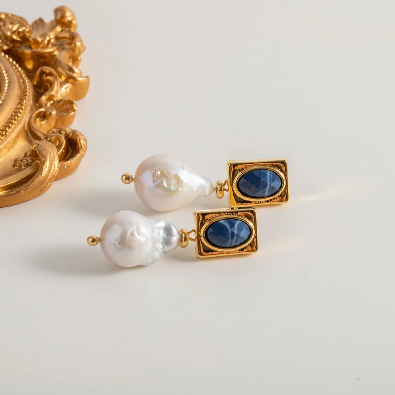 

Minar Luxury Baroque Freshwater Pearl Lapis Long Dangle Earrings for Women 18K Gold PVD Plated Stainless Steel Pendant Earring